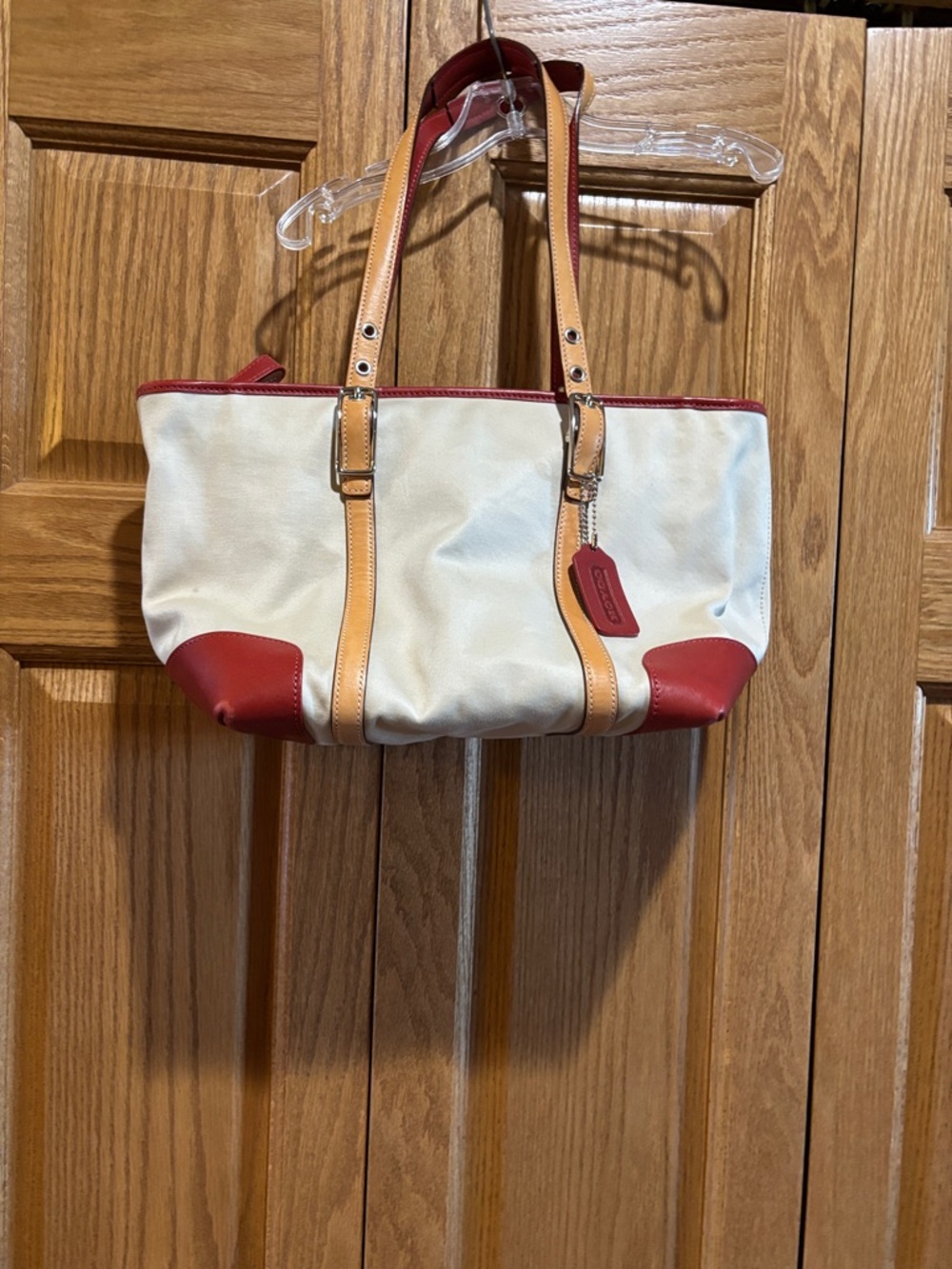 Coach Cream Canvas Shoulder Bag with Red Trim and Tan Straps
